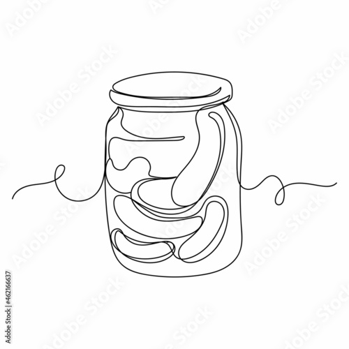 Continuous one line drawing of a glass jar with pickles in silhouette on a white background. Linear stylized.