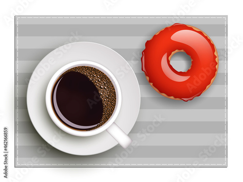 Cup of coffee on warfare dish, donut in glaze. Breakfast image, top view. Morning drink with sweetness. Hot coffee cup on white platter, donut glaze. Light snack top banner. Still life dessert