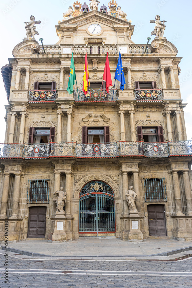 Iruna, facade of the pamplona town hall. Emblematic building from where the chupinazo is launched, San Fermin festivities, Navarra spain