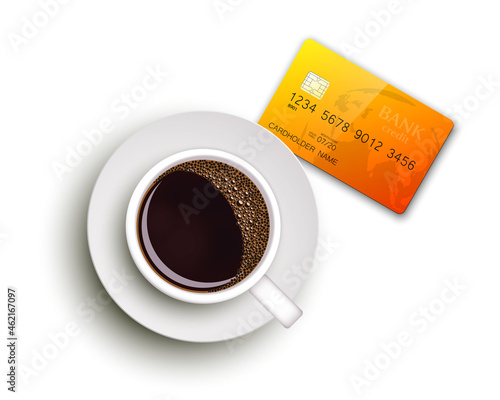 Cup of coffee on warfare dish, bank chip card. Breakfast image, top view. Morning drink coffe and plastic credit card. Hot coffee cup on white platter, debit card top banner. cashless payment