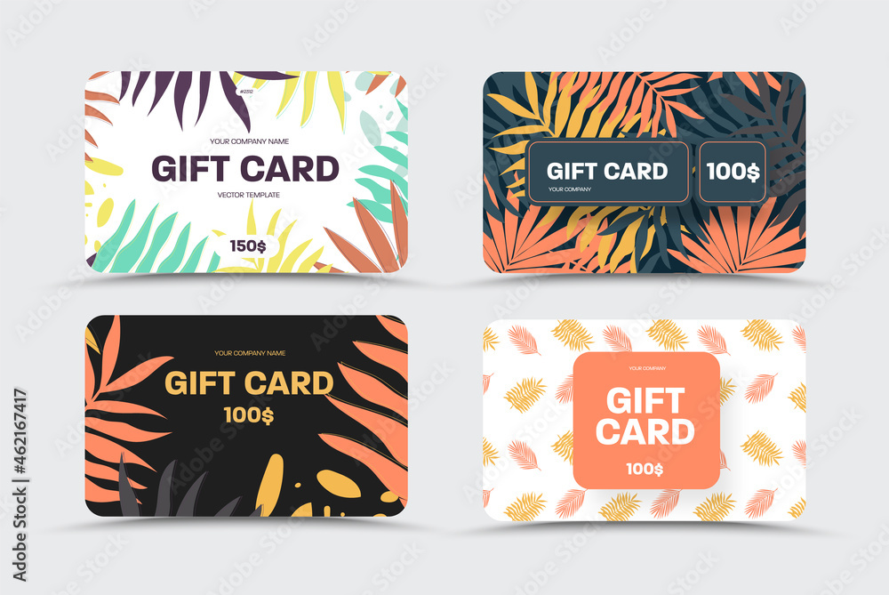 Creative vector gift card with orange, yellow, gray branches, palm leaves, on white, black background.