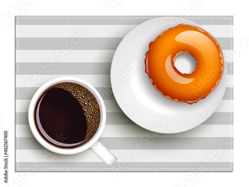 Cup of coffee on warfare dish, donut in glaze. Breakfast image, top view. Morning drink with sweetness. Hot coffee cup on white platter, donut glaze. Light snack top banner. Still life dessert