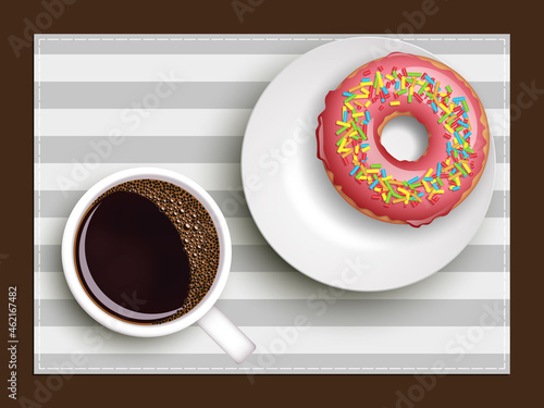 Cup of coffee on warfare dish, donut in glaze. Breakfast image, top view. Morning drink with sweetness. Hot coffee cup on white platter, donut glaze. Light snack top banner. Still life dessert