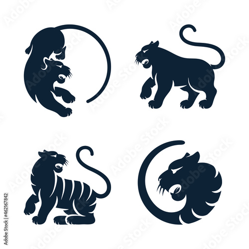 Wild cat black silhouette bengal tiger animals set isolated african tigress. Vector tigers eastern zodiac symbols, lunar calendar mascots. Spring festival striped cubs with long tail, wildlife fauna