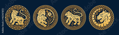 Chinese New Year 2022 symbols, golden tigers with floral arrangements, Character Fu text translation. Vector wild striped cats with flower patterns in round banners, spring festival symbols, CNY signs