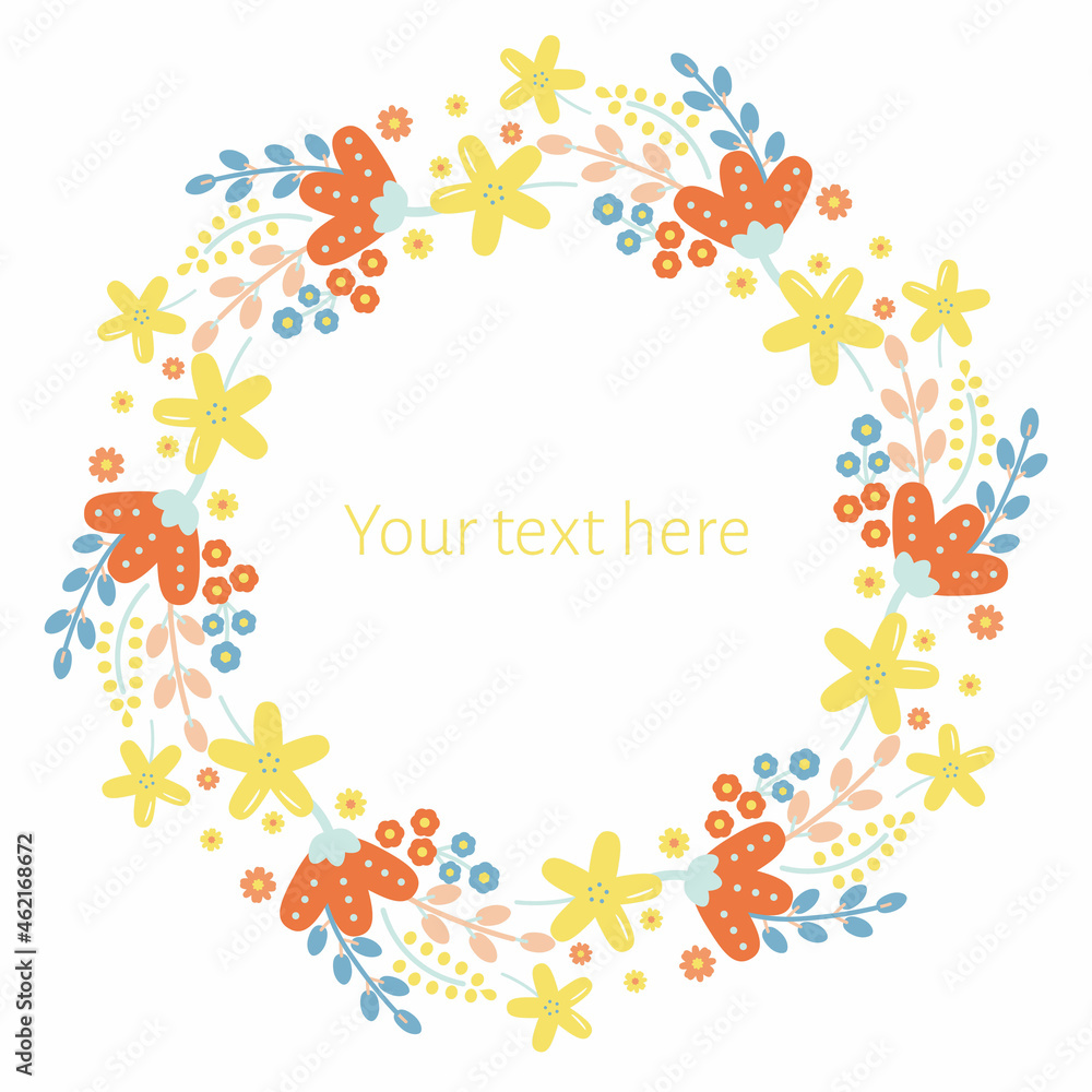 Vector Cheerful Colorful Folklore Floral Wreath Frame graphic design element. Perfect for web, invitations, and many other projects.