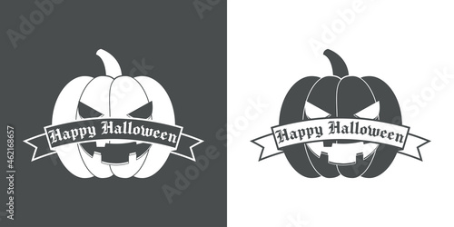 Feliz Halloween. Banner con silueta de calabaza y texto Happy Halloween en cinta en fondo gris y fondo blanco