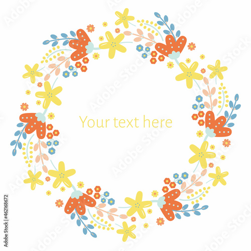 Vector Cheerful Colorful Folklore Floral Wreath Frame graphic design element. Perfect for web  invitations  and many other projects.