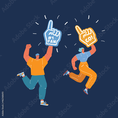 Colorful illustration of fun with foam fingers. Number one and the best over dark backround