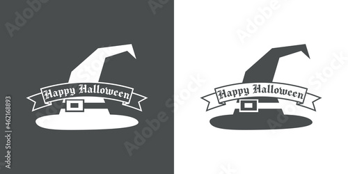 Feliz Halloween. Banner con silueta de sombrero de bruja y texto Happy Halloween en cinta en fondo gris y fondo blanco