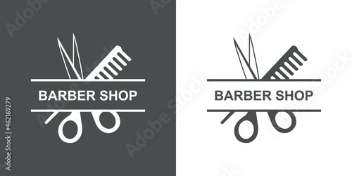 Banner con texto Barber Shop en cinta con silueta de tijera y peine en fondo gris y fondo blanco