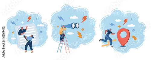 Colorful illustration of woman set. Woman search and reaching location, in path to success and motivation, career advancement, search for ideas, achieve goals, looking for team