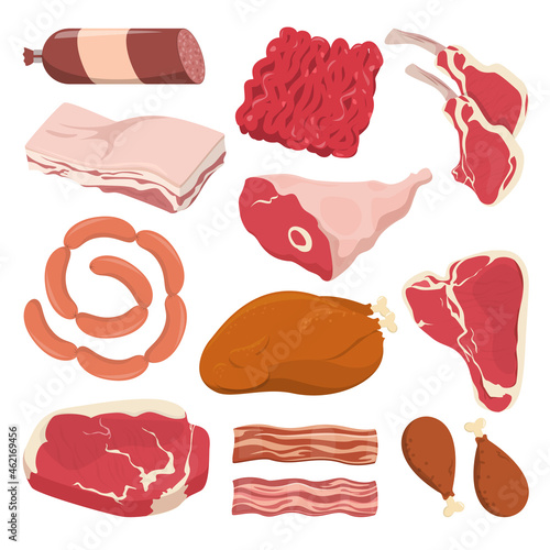 Meat set vector isolated. Various types of meat products. Raw pork, roasted chicken, lamb leg and sausage. Protein and fat food. Uncooked red meat.
