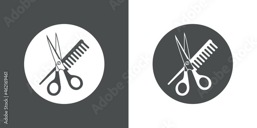 Banner con silueta de tijera y peine en círculo en fondo gris y fondo blanco
