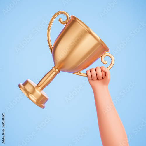 Cartoon character hand hold big golden victory trophy cap over blue background. Win success concept. photo