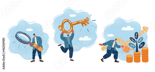 Colorful illustration of man in path to success and motivation, career advancement, search for ideas, achieve goals, watering money, have a key and magnificent glass