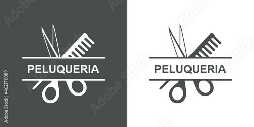 Banner con texto PELUQUERIA en español en cinta con silueta de tijera y peine en fondo gris y fondo blanco