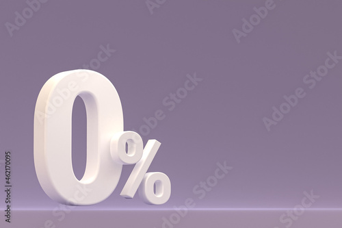 Zero percentage sign and sale discount on purple background with special offer rate. 3d rendering