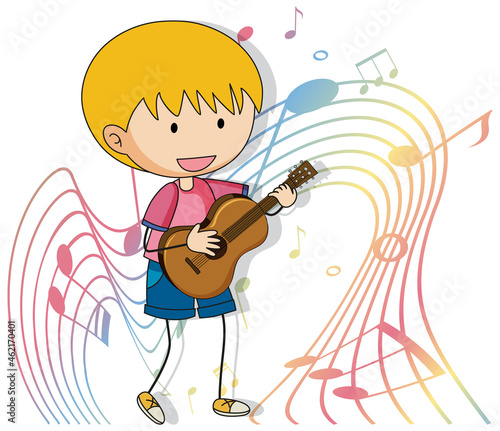 Cartoon doodle a boy playing guitar with melody symbols