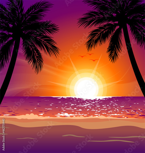 warm tropical beach sunset with palm trees