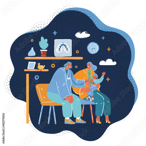 Vector illustration of Checkup at the children's doctor. Pediatrician examines sick girl over dark backround.