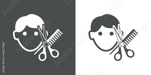 Banner con silueta de tijera y peine con cara de hombre en fondo gris y fondo blanco