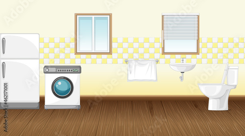 Scene with washing machine and refrigerator in the toilet