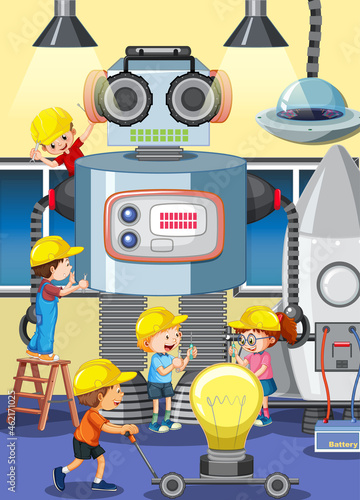 Scene with children building robot together
