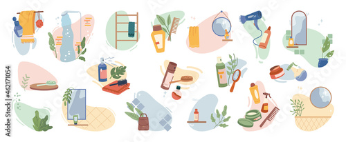 Hair care products set isolated flat cartoon icons. Vector bathroom shower, towel and haircare accessories, shampoo and essential oil, comb brush, mirror and natural herbs plants cosmetics ingredients