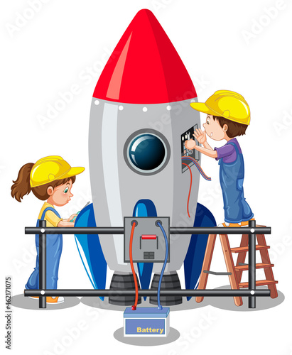 Children building rocket together on white background