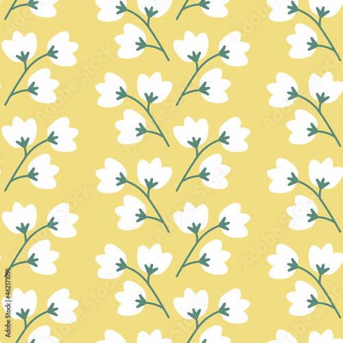 Vector Cheerful Lilies of the valley on Yellow seamless pattern background. Perfect for scrapbooking, fabric, wallpaper, and web designs.