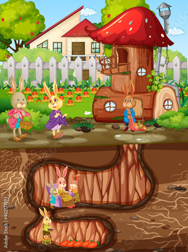 Underground rabbit hole with ground surface of the garden scene