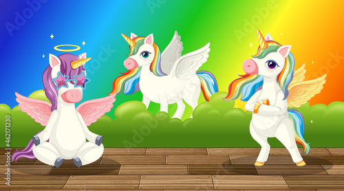 Cartoon pegasus on rainbow gradient background
