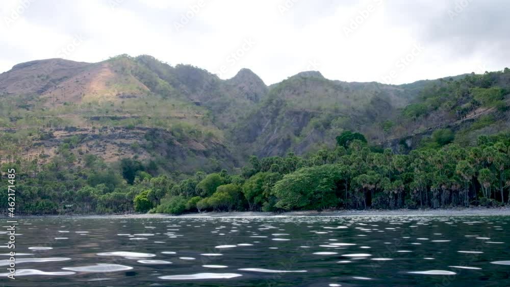 Rugged green tree covered coastal shoreline of remote secluded tropical island from a boat. Atauro Island in Timor Leste, Southeast Asia