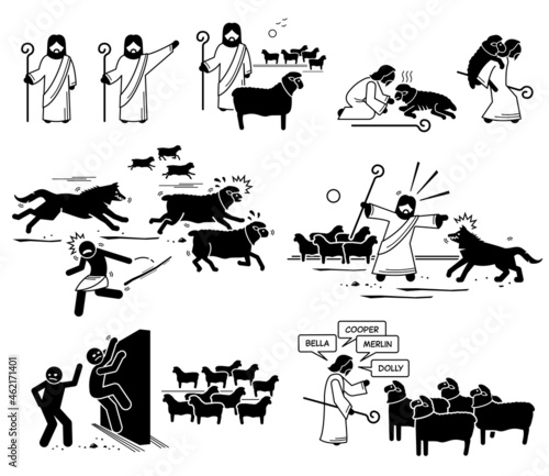 Jesus Christ The Good Shepherd. Vector illustrations depict Jesus Christ rescue and protect his sheep. Hire hand running away from wolf and thieves climbing over the wall to steal sheep. Sheep naming.