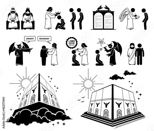 Judgment day or Final Day of Reckoning and New Jerusalem in Christian bible prophecy. Vector illustrations depict Jesus Christ, Satan, and God judging human in court before entering Heaven.
