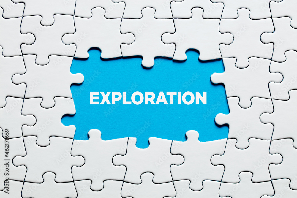 The word exploration surrounded by jigsaw puzzle. To explore or research in education, science or business marketing The word exploration surrounded by jigsaw puzzle. To explore or research in education, science or business marketing
