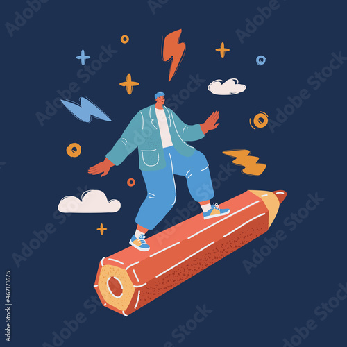Vector illustration of man riding a pencil over dark backround.