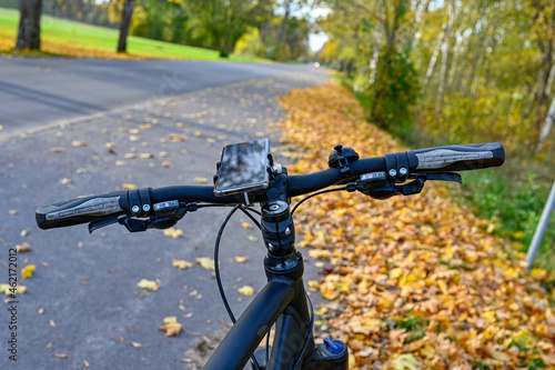 bicycle parked on bicycle path with autumn leaves © Jonas