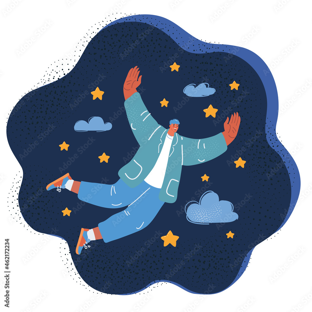 Vector illustration of businessman fly at stary cloud sky - obrazy, fototapety, plakaty 
