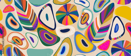 Hand drawn cartoon style floral doodle abstract shapes print. Creative colorful collage pattern. Trendy template for design.
