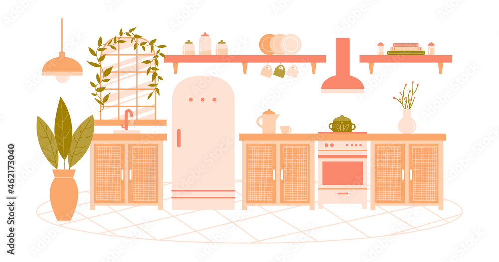 Modern interior items for a kitchen: fridge, houseplant, carpet, sink, window, lamp. Vector flat illustration with furniture on white background