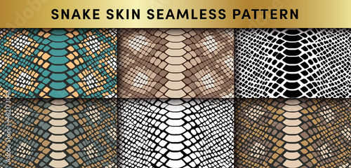 Trendy snake skin vector seamless patterns set. Hand drawn wild animal reptile skin, natural snake repeat texture for fashion print design, fabric, textile, wrapping paper, background, wallpaper