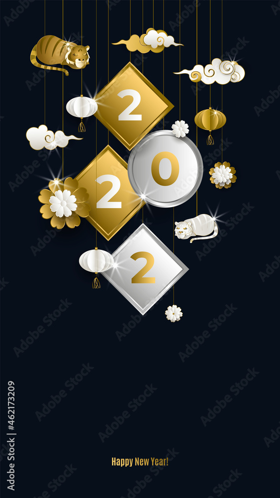 Obraz premium Chinese New Year 2022 banner with hanging golden and white tiger, clouds, lanterns, flowers on black background with asian patterns, in paper style, characters: Happy New Year. Vector illustration.