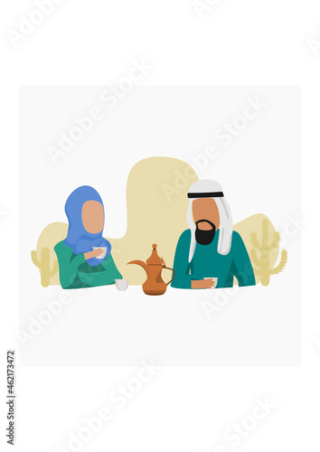 Editable Arab Couple Having Arabic Coffee Vector Illustration With Dallah Pot and Finjan Cups for Islamic Moments or Arabian Culture Cafe Related Design