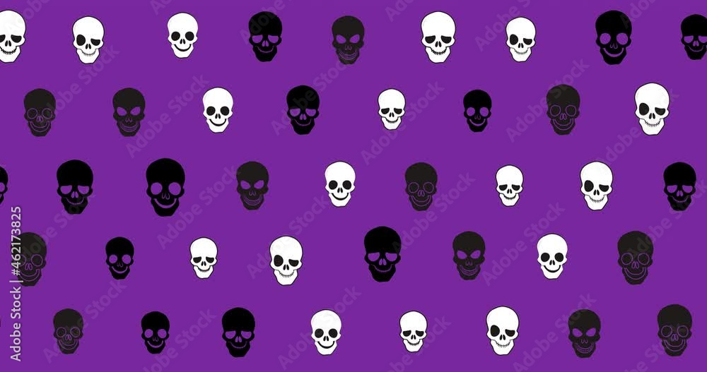 Animation of black and white skulls on floating purple background Animation of black and white skulls on floating purple background