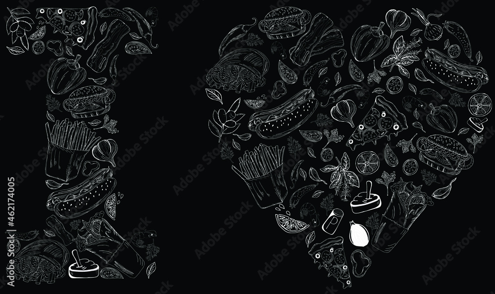 BW fast food symbols set with outline. Cartoon flat linear fastfood including hamburger, tacos, burrito, hot dog for fast food restaurant or cafe menu, advertisement, banners, stickers BW fast food symbols set with outline. Cartoon flat linear fastfood including hamburger, tacos, burrito, hot dog for fast food restaurant or cafe menu, advertisement, banners, stickers