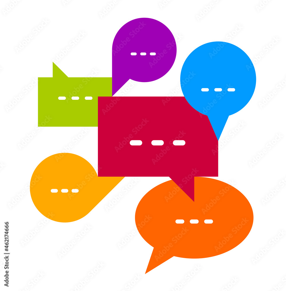 Different speech bubbles composition vector flat design isolated on white, global communication concept, public discussion or opinion diversity metaphor, conference or brainstorming.