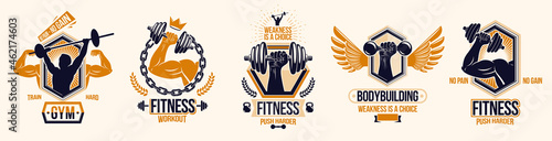 Fitness sport emblems logos or posters with barbells dumbbells kettlebells and muscle man silhouettes vector set, athletic workout active lifestyle theme, sport club or competition awards.