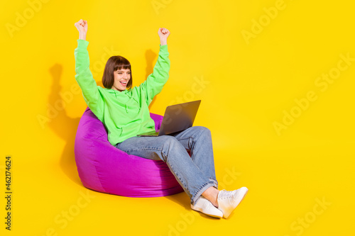 Portrait of attractive cheerful girl using laptop having fun rejoicing isolated over bright yellow color background © deagreez